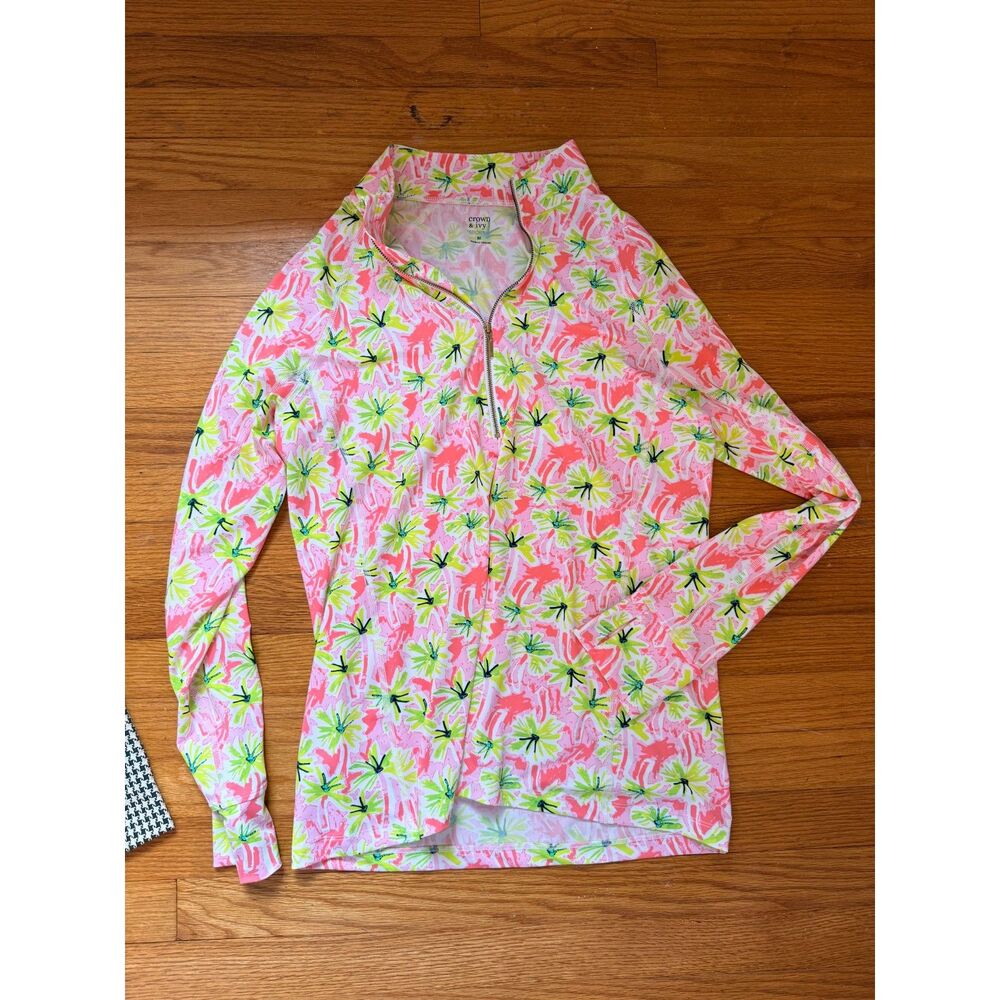 Crown & Ivy Sport Floral Quarter Zip Pullover Medium Pink Green Golf Preppy - Picture 1 of 2